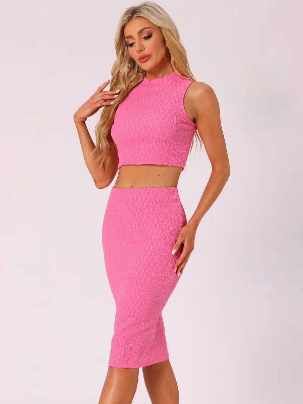 women's handmade dresses2 Pieces Mock Neck Textured Cropped Tank Top & Midi Pencil Skirt Set