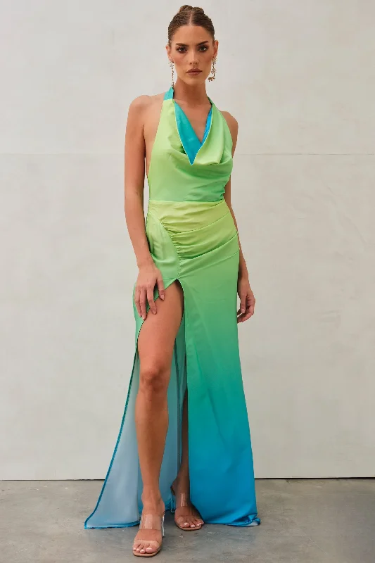 women's lace dressesOla Ombre Halter Maxi Dress Green & Blue