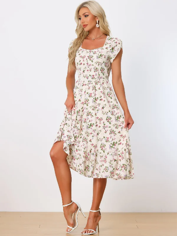 Ruffle DressSummer Petal Sleeve Boho Floral Print Midi Dress