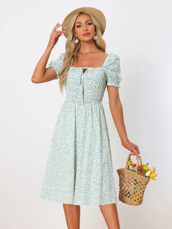 women's lace-up dressesSummer Floral Puff Sleeve Square Neck Midi Smocked Dress