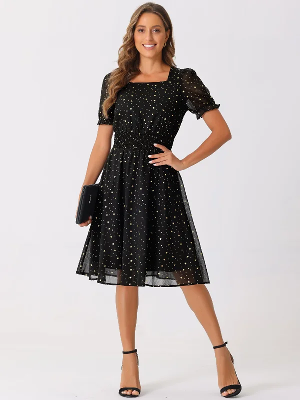 women's pear-shaped body dressesSquare Neck Metallic Stars Ruffle Short Sleeve A-Line Smocked Waist Midi Dress