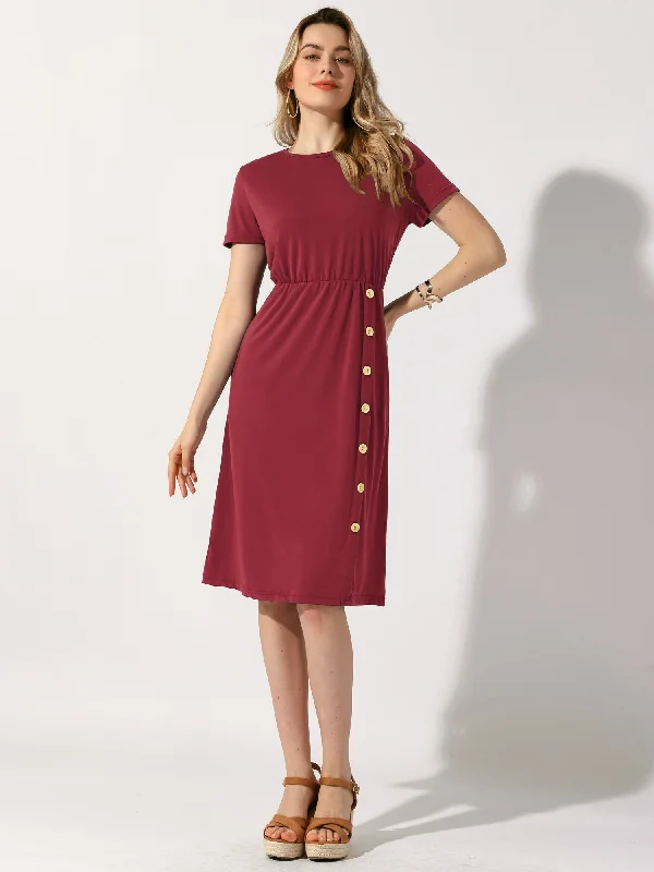 women's vintage dressesCrew Neck Short Sleeve Button Decor Midi Dress