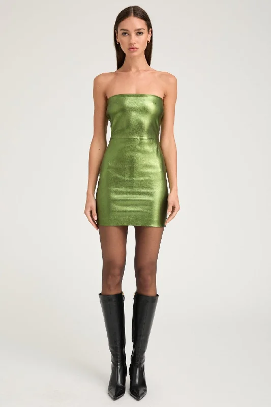 women's chiffon dressesMetallic Green Leather Mini Tube Dress