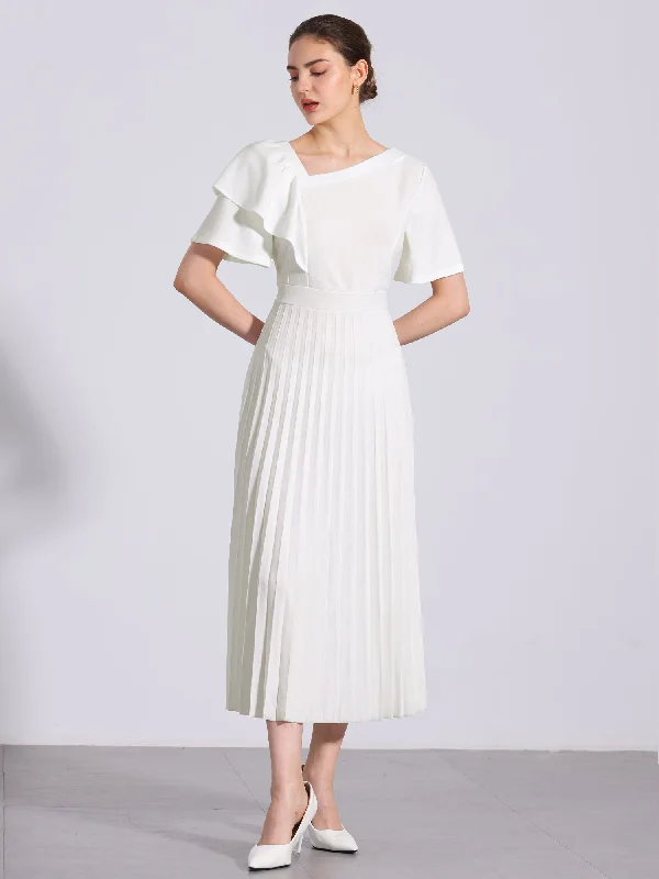 Ball Gown DressRuffles Short Sleeve Asymmetrical Neck Pleated Midi Dress