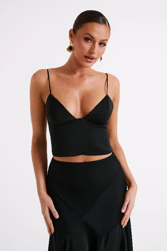 Tia Long Line Satin Top - Black