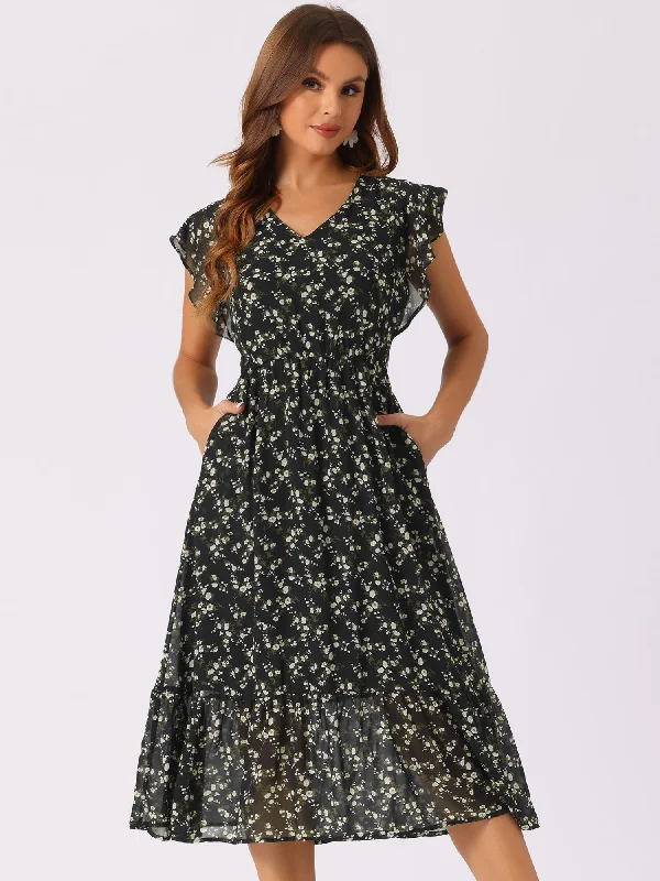 Chiffon DressFloral Flutter Sleeve Pockets Ruffled Chiffon Midi Dress