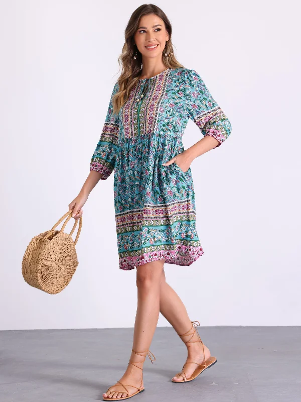 Flowy DressBoho Floral Tie Neck 3/4 Sleeves Pocketed Midi Dress