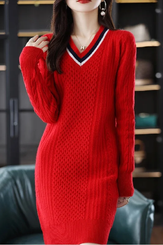 women's bow dressesV Neck Knit Mini Dress