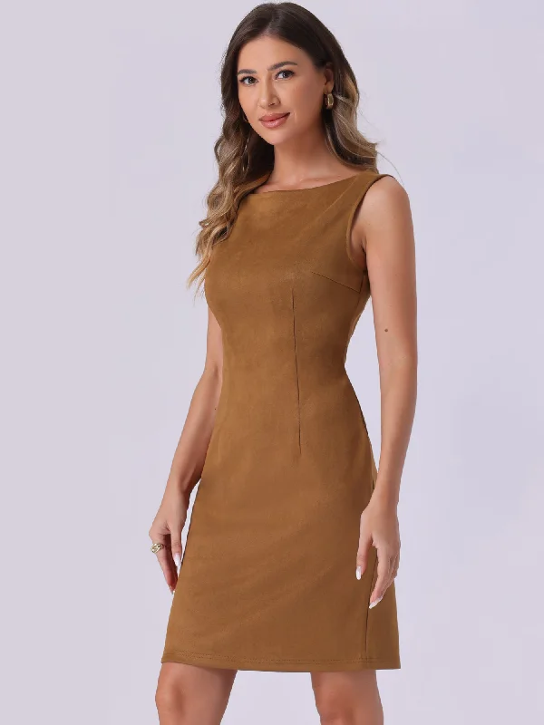 women's stretch dressesFaux Suede Boat Neck Sleeveless Sheath Midi Dress