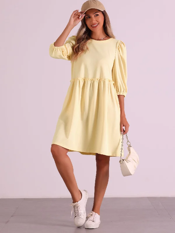 women's evening dressesScoop Neck Pocket Puff Sleeves Ruched Casual Midi Dress