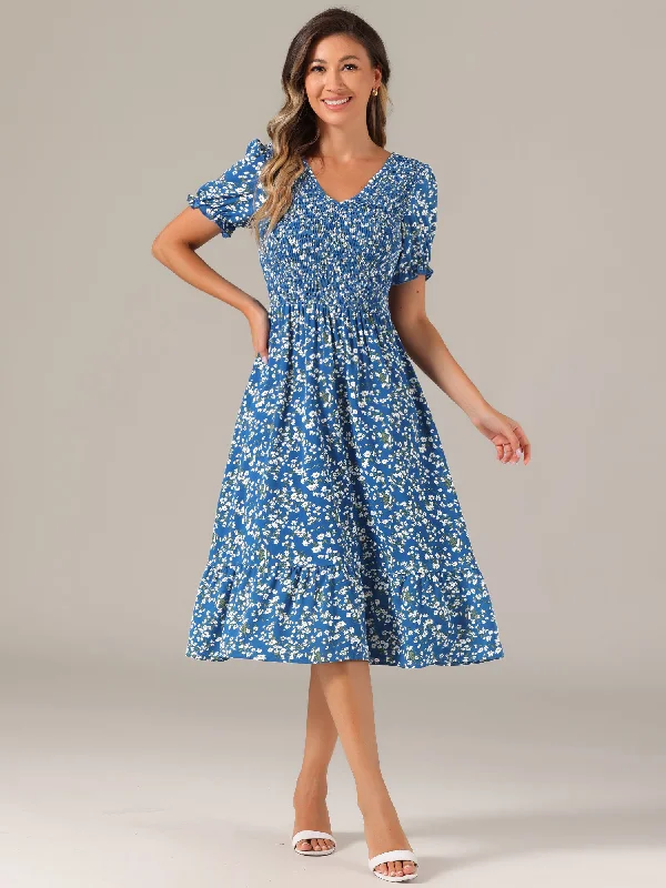 Cut-Out DressFloral Shirred Puff Short Sleeves V Neck Ruffled Hem Midi Dress