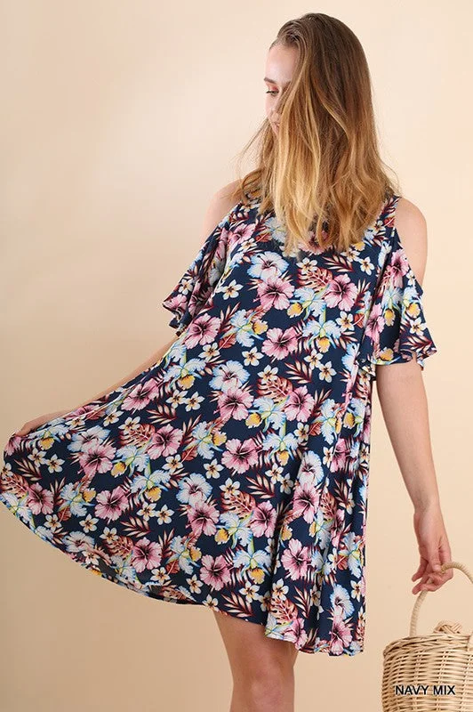 Silk DressFloral Cold Shoulder Mini Dress