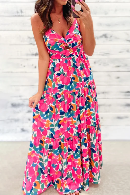 Velvet DressRose Floral Twisted Smocked Back Tiered Maxi Dress