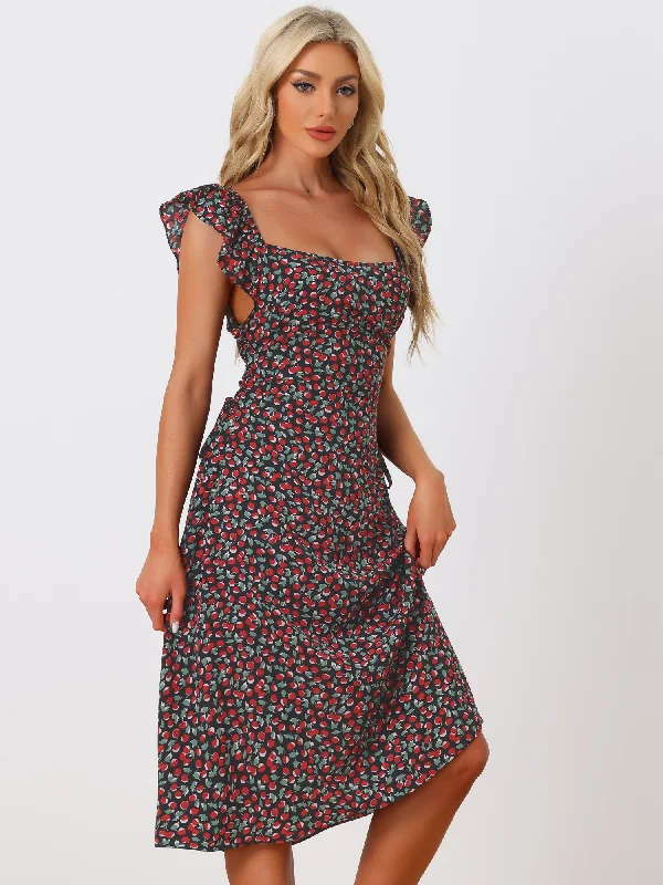 Neon DressFloral Cherry Print Lace-up Square Neck Ruffle Midi Dress Sundress