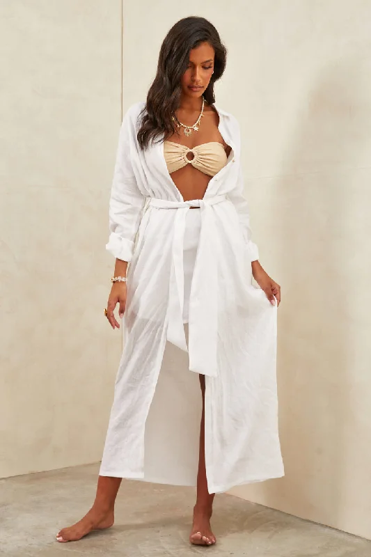 women's bell-sleeved dressesAura Linen Maxi Dress White