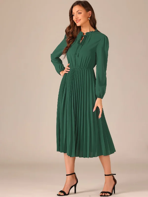 women's unique dressesA-Line Flowy Long Sleeve Tie V Neck Pleated Midi Dress