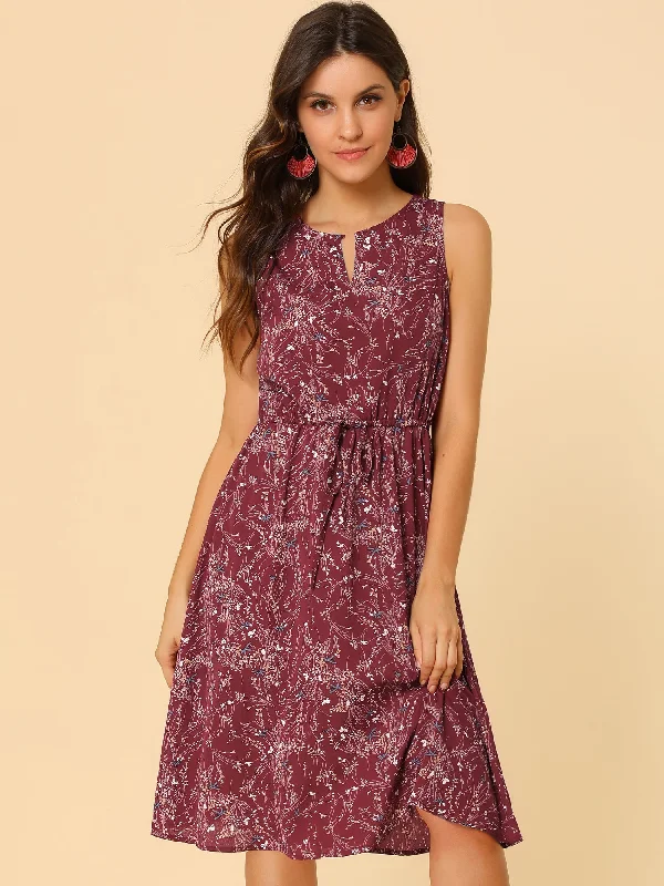 Jersey DressFloral Drawstring Waist Sleeveless A-Line Midi Dress Sundress