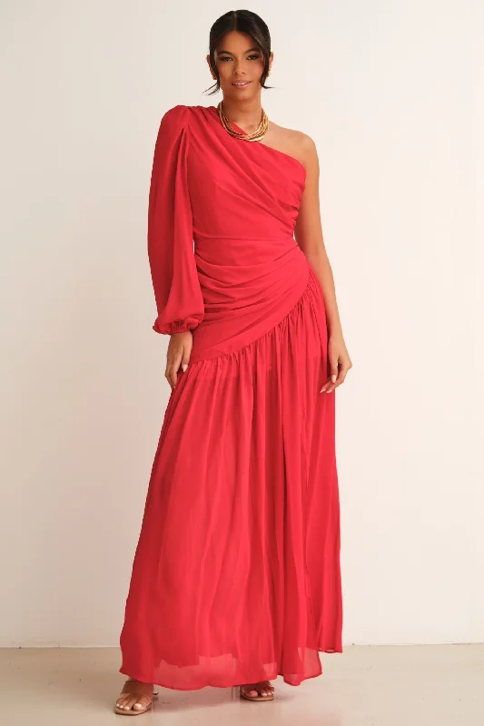 Neon DressPiper One Shoulder Maxi Dress Red