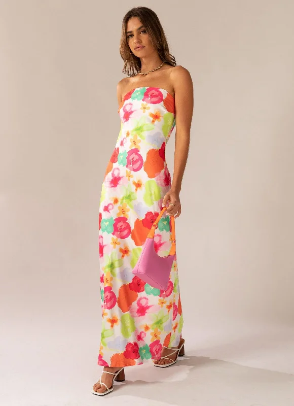 women's flutter-sleeved dressesNo Service Satin Maxi Dress - Blurred Blossom