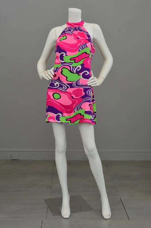 women's chiffon dressesVintage Psychedelic Print Racer Back Keyhole Mini Go Go Dress | TLC needed