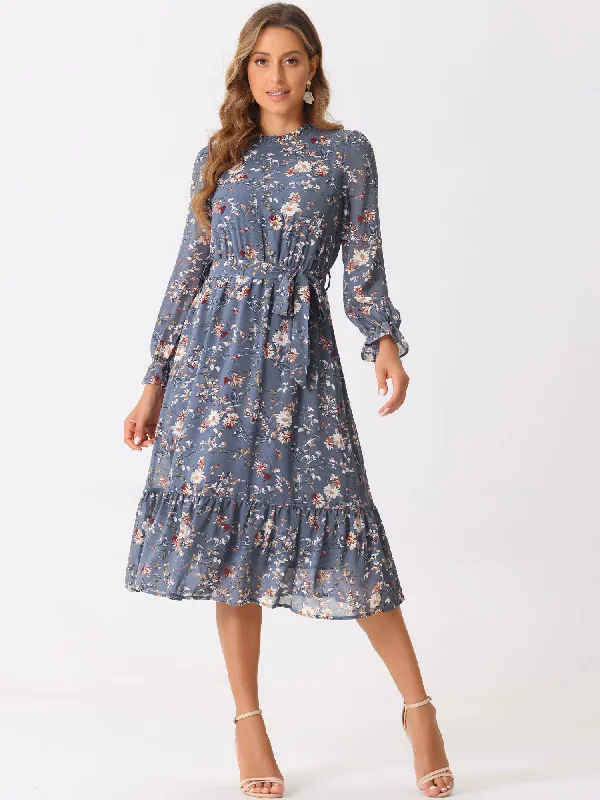 women's flowy dressesFloral Long Sleeve Belted Flowy Chiffon Midi Dress