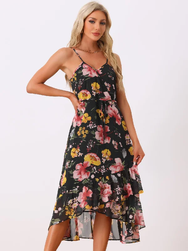 women's mini dressesFloral Spaghetti Strap Sleeveless V Neck Ruffle Hem Midi Dress