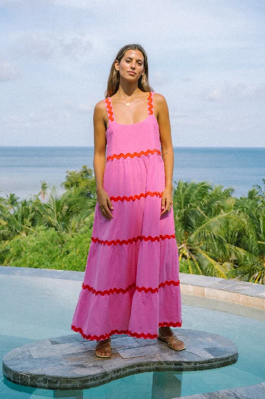 Leather DressKalliope Pink Red Ric Rac Tiered Maxi Dress