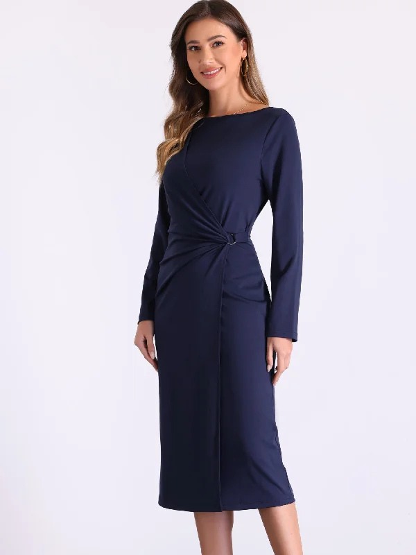 women's fair-trade dressesBoat Neck Long Sleeve Ruched Work Midi Sheath Dress