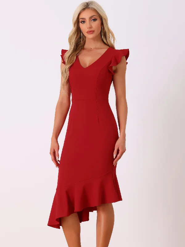 Long-Sleeve DressV Neck Ruffle Sleeve Irregular Hem Cocktail Midi Dress