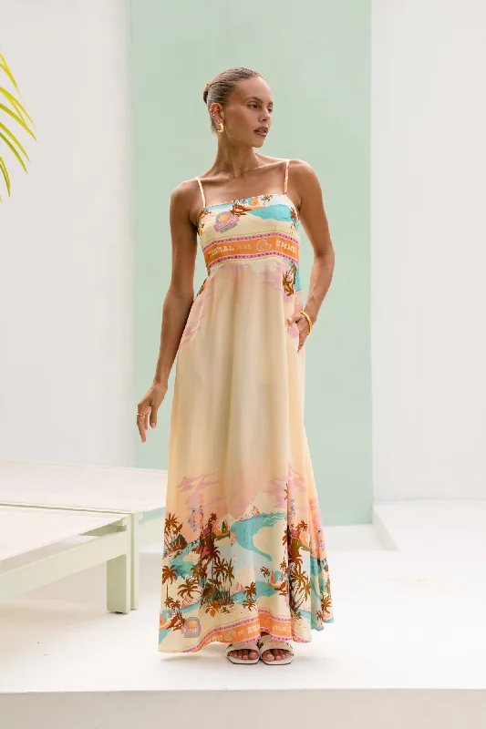 Retro DressSummer Orange Pink Tropical Flared Maxi Dress