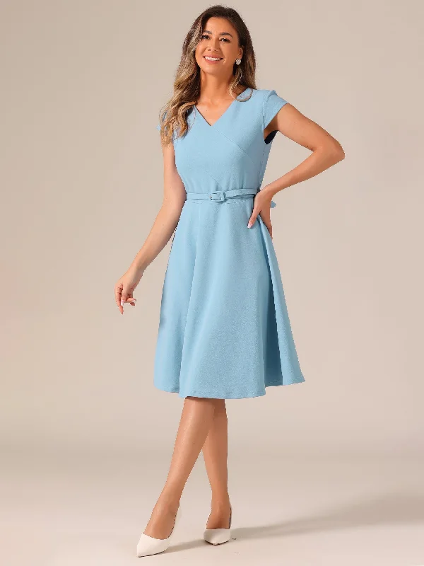 women's high-low dressesBelted V Neck Cap Sleeve Flowy A-line Midi Dress