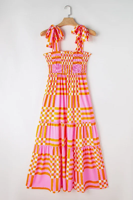 Button-Down DressBoho Gingham Tied Straps Smocked Maxi Dress