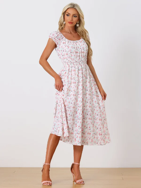 Flowy DressFloral Square Neck Elastic Waist Flare Midi Dress