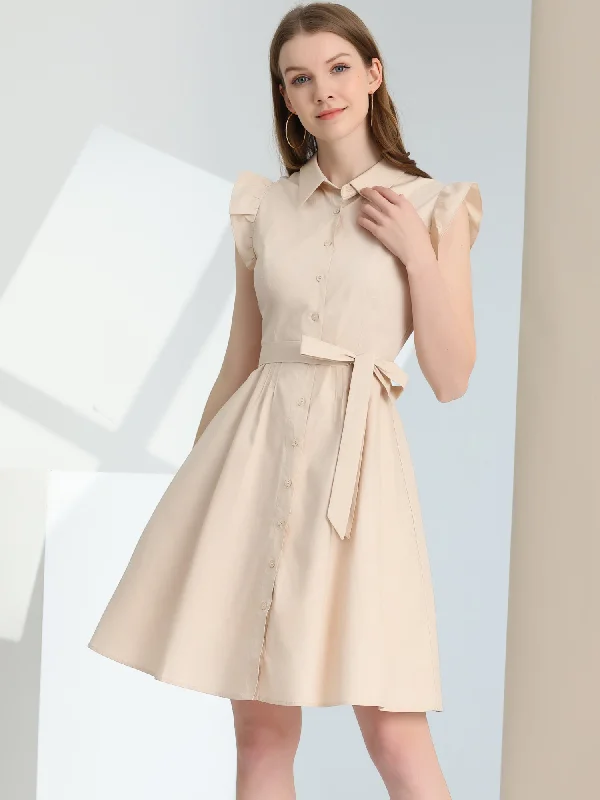 women's beach dressesOffice Ruffled Sleeve Belted Cotton Button Midi Shirt Dress