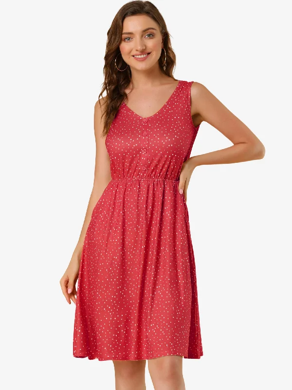 women's checkered dressesPolka Dots Sleeveless Dress Elastic Waist Midi Sundress with Pockets