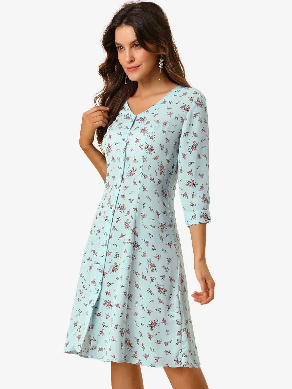 Neon DressFloral Vintage V Neck 3/4 Sleeve Flare Button Front Midi Dress