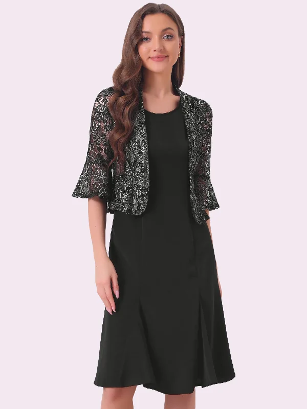 Empire Dress2 Pieces 3/4 Bell Sleeve Lace Cropped Shrug and Sleeveless Midi Fishtail Party Dress Sets