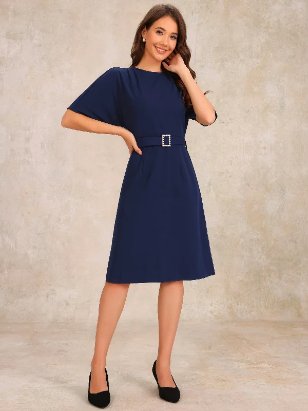 women's wrinkle-resistant dressesShort Sleeves Crew Neck Belted A-Line Midi Dress