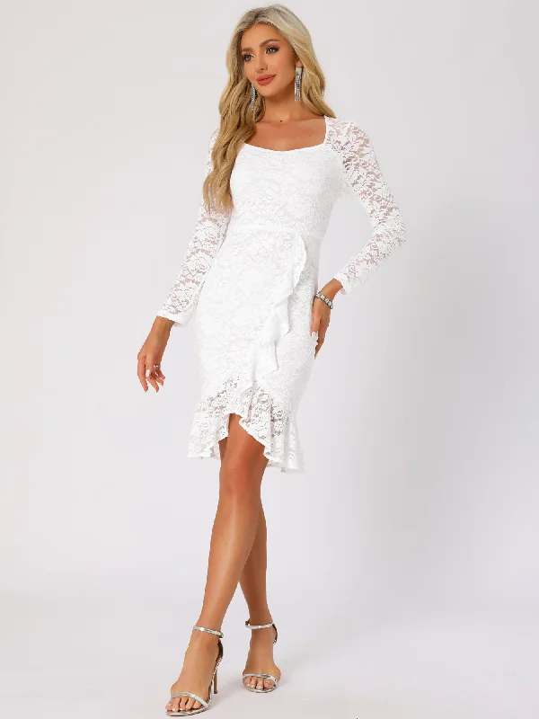 Retro DressSquare Neck Lace Long Sleeves Mermaid Midi Dress