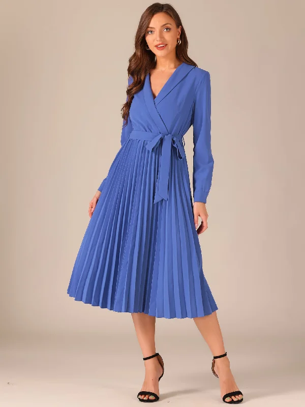 women's ruffle dressesPleated Shawl Collar Long Sleeves Belted Midi Dress