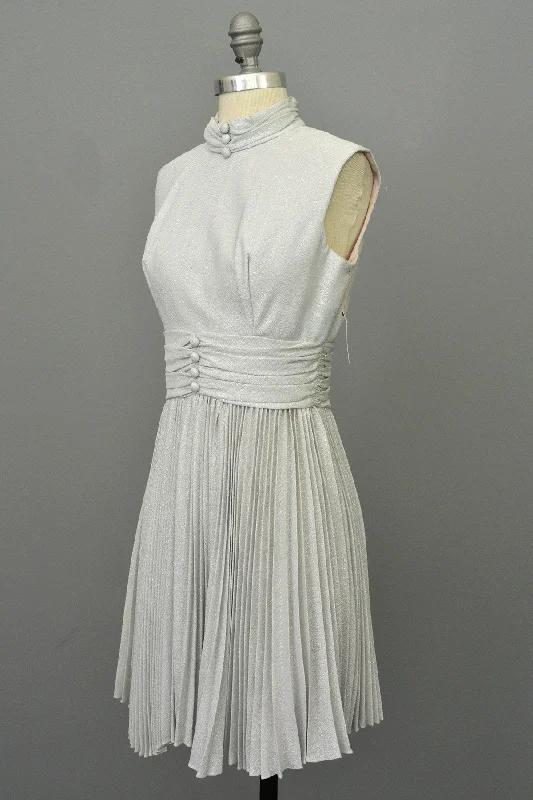 Backless Dress70s Silver Metallic Lurex Pleated Mini Party Dress