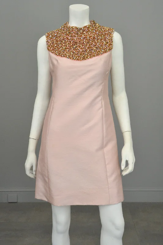 Peplum Hem Dress1960s Pink Silk blend Beaded Egyptian Revival Mini Dress