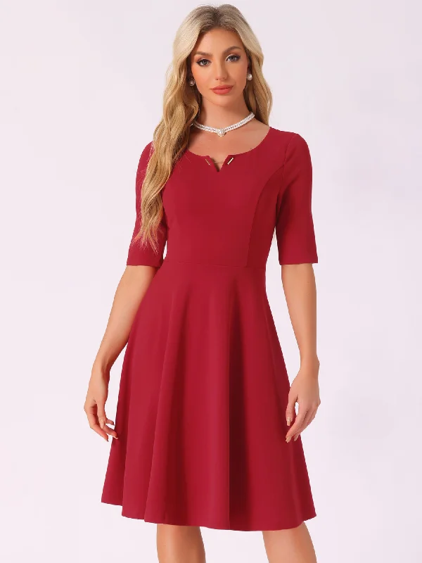 Silk DressV Neck Half Sleeve Elegant A-Line Midi Dress