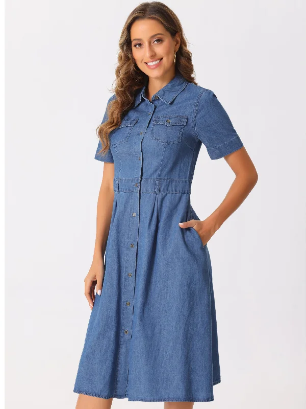 women's minimalist dressesDenim Pockets Button Up Short Sleeve A-Line Midi Jean Shirt Dress