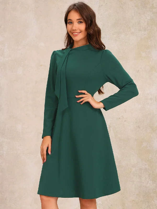 women's affordable dressesTie Mock Neck Long Sleeves A-Line Midi Dress