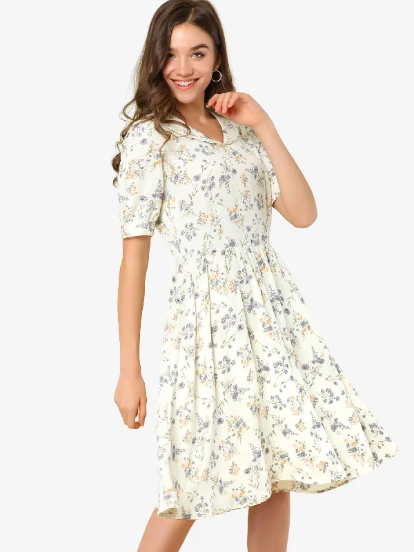 Casual DressRetro Floral Peter Pan Collar High Waist Puff Sleeve Flowy Midi Dress