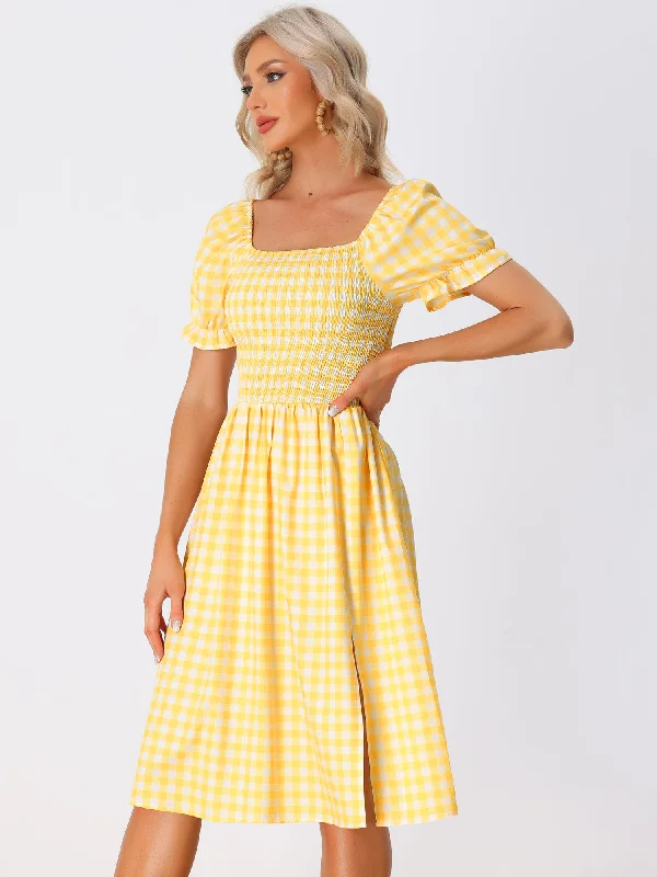 women's off-the-shoulder dressesSmocked Gingham Square Neck Puff Sleeve Plaid Slit Midi Dress