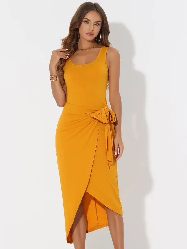 Retro DressSleeveless Scoop Neck Ruched Faux Wrap Tie Side Bodycon Midi Dress