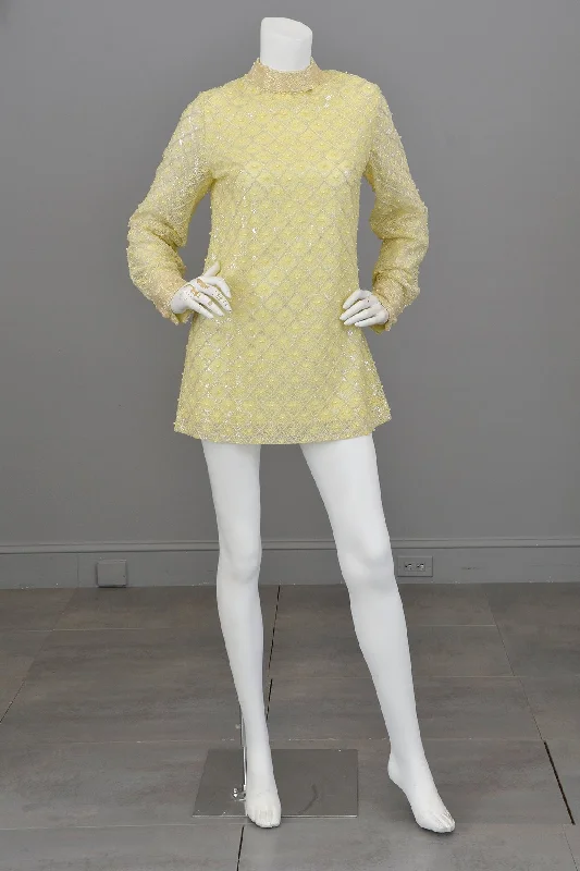 Cold-Shoulder Dress1960s Pale Yellow Beaded Micro Mini Go Go Dress Tunic | Twiggy Dress