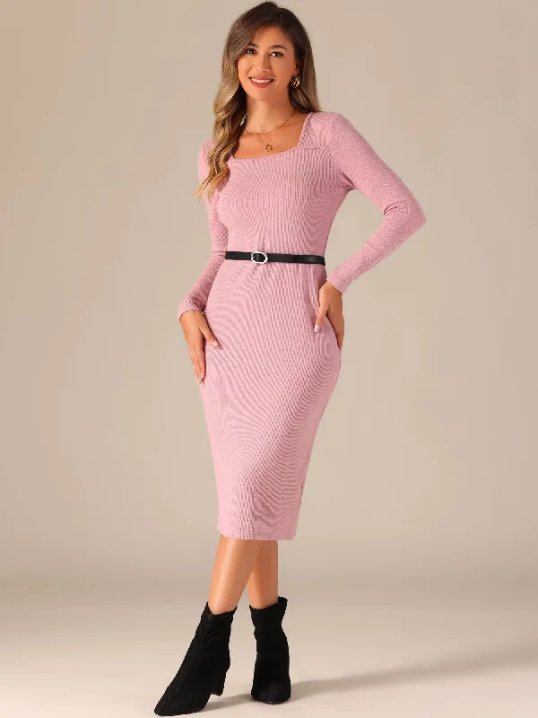 Plus-Size DressSquare Neck Belted Bodycon Stretch Ribbed Long Sleeve Midi Sweater Dress